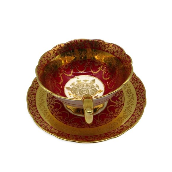ROYAL STAFFORD Red Gold Filigree Tea Cup and Saucer England Vintage - Picture 4 of 12